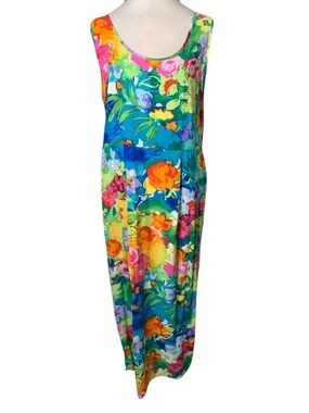 Jams World Women’s Medium Vibrant Floral Midi/Maxi Dress Hawaiian Tropical Rayon